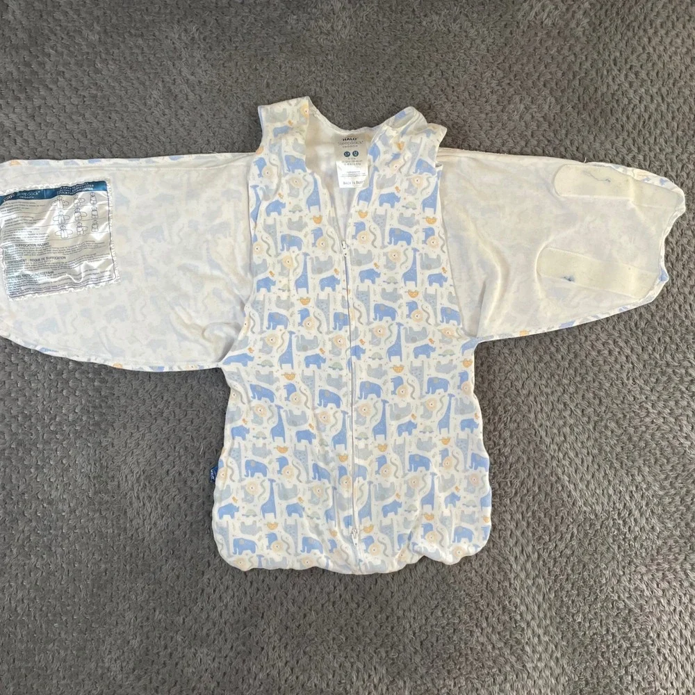 Halo SleepSack Swaddle 3-6M Sml Blue Unisex Safari Animal Elephant Giraffe Lion